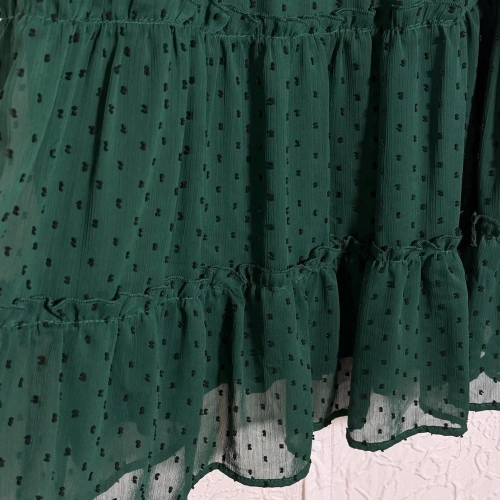 Trixxi Emerald Green Embroidered Ruffle Tiered Mini Dress Sz L